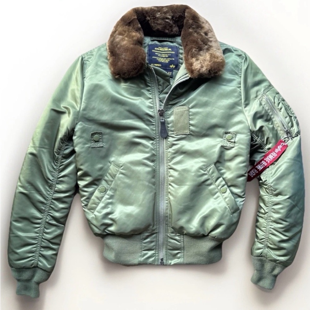 Alpha Industries B-15 Flight Bomber Jacket Faux Fur Collar, Slim, XS, Sage Green